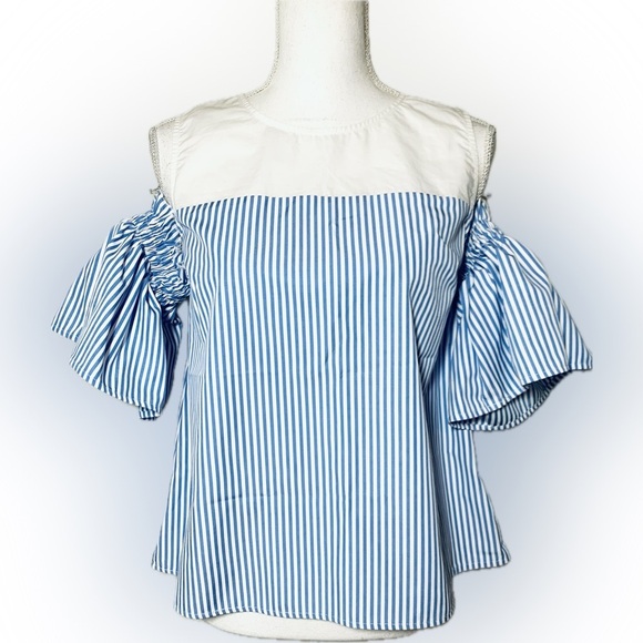 NWT AfterMarket Cold Shoulder Stripe Blouse Ruffled Sleeves Women Small Cotton - Picture 1 of 8